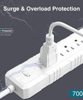 Two Pack Surge Protector Power Strip With Six Outlets And Four USB Ports, angled flat plug, ETL Listed, white, close-up view