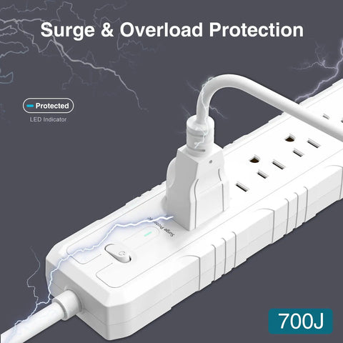 Two Pack Surge Protector Power Strip With Six Outlets And Four USB Ports, angled flat plug, ETL Listed, white, close-up view