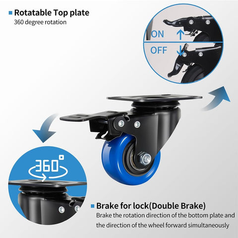 Close-up of Heavy Duty Two Inch Swivel Caster Wheels Set Of Four With Brakes Dual Locking For Carts Furniture And Trolleys Premium Steel Housing 600 Lb Capacity for Easy Roll Mobility, showing brake mechanism and 360-degree rotation.