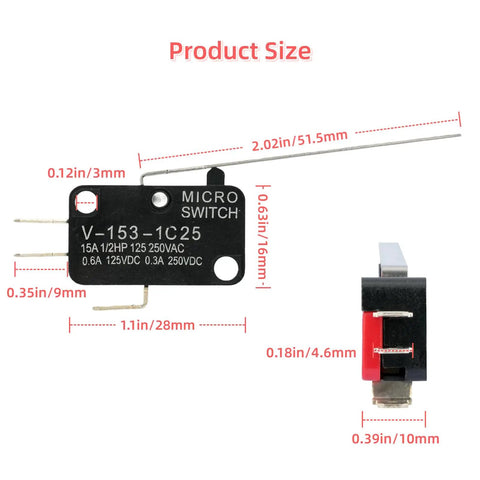 Beefy Long Lever Micro Limit Switch SPDT 1NO 1NC V-153-1C25 Momentary with product dimensions labeled