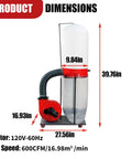 Crush Woodshop Messes With This Heavy Duty Vertical Woodworking Dust Collector dimensions showcasing height, width, and motor specs.