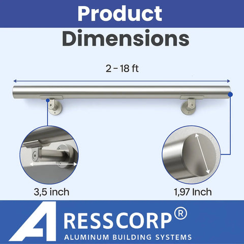 Killer 3 Feet Aluminum Handrail Kit For Indoor Stairs With Adjustable Steel Brackets And Rock Solid Connectors For No Sweat DIY Setup On Decks Or Ramps Featuring A Sleek Stainless Steel Look And High Grade Safety Grip showing product dimensions 2-18 ft.
