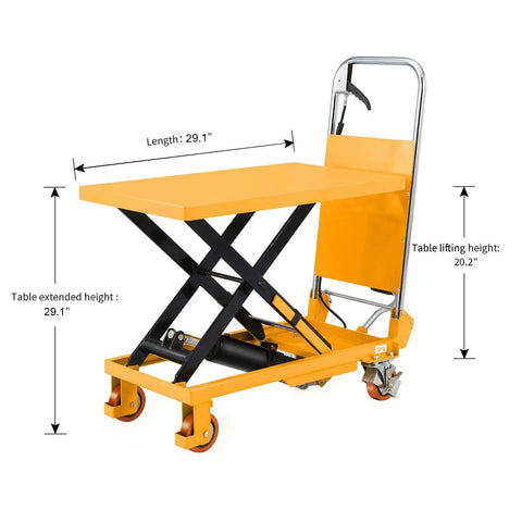 Heavy Duty Hydraulic Lift Table Cart With 330 Pound Capacity And 29.1 Inch Lift Height Single Scissor Lift On Four Wheels