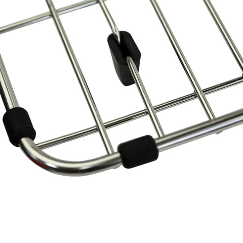 Close-up of Sink Protectors For Kitchen Sink 27.5 By 13.5 Inches, Stainless Steel Protective Grid with black bumpers