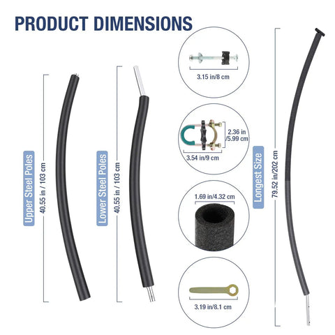 Heavy Duty 6 Pack Curved Trampoline Replacement Poles Universal Fit For Eight To Sixteen Foot Frames dimensions and sizes