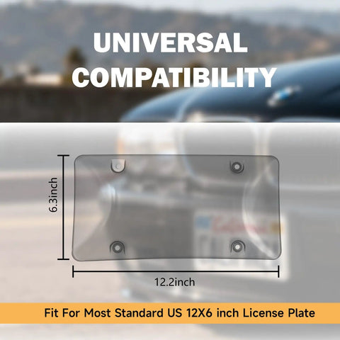 Clear License Plate Protectors 2 Pack with Screw Accessories and Frame for American Standard Cars Weatherproof License Plate Cover Keeps Plates Visible Easy Install 12.2 x 6.3 Inches Gray with universal compatibility graphic.