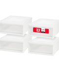 Four-pack of white plastic 22 Qt stackable containers with smooth glide sliding drawers, made in the USA, designed for under-bed storage.