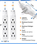 Diagram of Long Reach Twin Extension Cord Power Strip 12 Foot Dual Outlets With Flat Wall Plug Flexible Split Cables For Behind Bed And Couch No Clutter White Indoor Flush Design, showing dimensions and features.