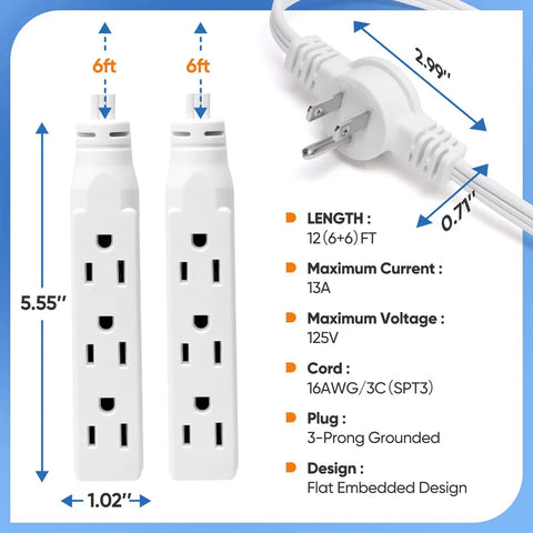 Diagram of Long Reach Twin Extension Cord Power Strip 12 Foot Dual Outlets With Flat Wall Plug Flexible Split Cables For Behind Bed And Couch No Clutter White Indoor Flush Design, showing dimensions and features.