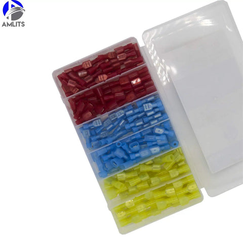 160 Piece Set Fully Insulated Nylon Spade Quick Disconnect Terminals Kit in Red, Blue, Yellow in container