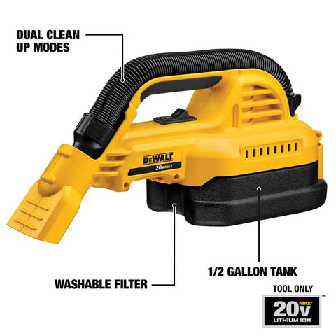 Image of 20V Max Cordless Hand Vacuum for wet and dry cleanup, featuring dual cleaning modes, 1/2 gallon tank, and washable filter.