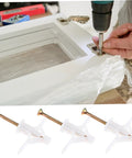 Person installing hinge on a white frame using 100 Piece Expansion Screw Set For Aircraft Type Drywall Anchors, shown with hollow wall anchors.