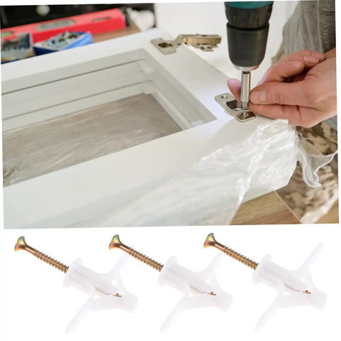 Person installing hinge on a white frame using 100 Piece Expansion Screw Set For Aircraft Type Drywall Anchors, shown with hollow wall anchors.