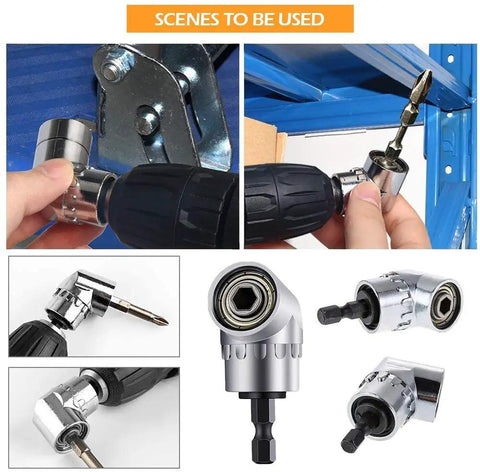Flexible Drill Bit Extender And Universal Socket Wrench Set With 105 Degree Right Angle Attachment shown in use for fastening