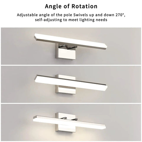 Modern Chrome Vanity Light Bar 20 Inch Long LED Fixture 12W Dimmable Vanity Lighting For Bathroom Makeup Mirror 4000K Daylight Adjustable Wall Sconce ETL Certified Contemporary Bath Decor shown in different rotation angles