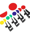 Woodworking Scribing Jig Set For Cabinets And Furniture Assembly Built With Pro Grade ABS Plastic For Precise Marking On Uneven Surfaces And Trim Details For Quick Smooth Installations Compatible With 15mm 16mm 17mm And 18mm Board Thickness, featuring black jigs and colorful circles for precise alignment and marking.