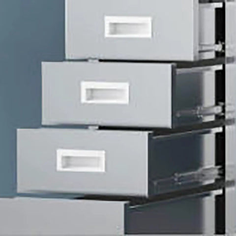 Kickass Heavy Duty Stainless Steel Workbench Setup For Office Or Commercial Kitchen Prep Station With Leveling Feet And Rust Proof Coating That Is Seriously Built To Last Without Any Of The Typical Headaches close-up of gray drawers in a modern cabinet.