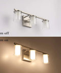3 Light Glass Vanity Light Fixtures In Nickel Finish Dope Farmhouse Vibe on white wall, lit and unlit view.