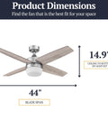 44 Inch Modern Indoor LED Ceiling Fan With Light And Remote, Dual Mounting Options, showcasing silver dual finish blades.