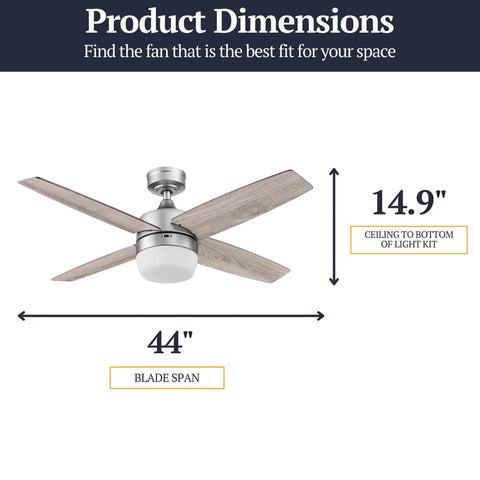 44 Inch Modern Indoor LED Ceiling Fan With Light And Remote, Dual Mounting Options, showcasing silver dual finish blades.
