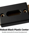 Close-up of Inline ANL Fuse Holder Kit For 0 2 4 Gauge Wire With Dual 150 Amp Fuses, black plastic center, durable construction.