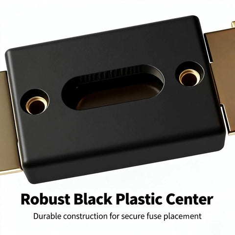 Close-up of Inline ANL Fuse Holder Kit For 0 2 4 Gauge Wire With Dual 150 Amp Fuses, black plastic center, durable construction.