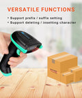 Person using Versatile Wireless And USB 2.0 1D Laser Barcode Scanner With Battery Level Indicator And All Day Battery Life 328 Feet Transmission Range Rechargeable 2.4Ghz Wireless Plus Wired Handheld Barcode Reader Blue on boxes