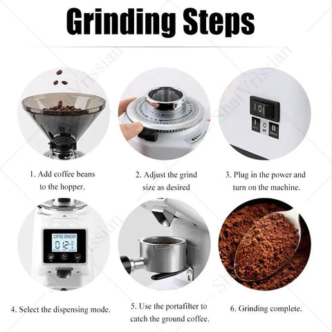 Grinding steps for Premium 200 Watt Electric Flat Burr Coffee Grinder With 19 Adjustable Grinding Settings For Espresso Pour Over And Cold Brew Dope Flavor Extraction In A Sleek Black Housing Frame Ready To Roll.