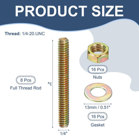 Heavy Duty Full Thread Rod 1/4 X 2 Inch Zinc Plated Carbon Steel Studs 8 Pack With Nuts And Washers For Furniture Fixes and Backyard Builds Real Deal Quick Install Setup, showing size and included parts.