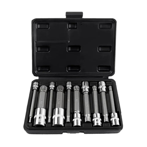 Premium 10pc S2 Steel Torx Star Bit Socket Set With Quick Wrench Driver For Heavy Duty Repair Jobs And Tough Rusty Bolts That Get The Job Done Right. 10pc S2 steel Torx bit socket set in case