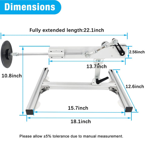 Reciprocating linear actuator side-view with telescoping rod on mounted stand; diagram shows 22.1 in extended length.