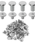 Straight Up Solid Chicago Screws 30 Pack M5 X 10mm Phillips Head Binding Rivets In Clean Silver Finish, showing various screw types.