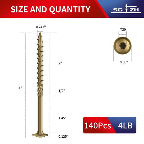 Image showing size details of Badass Number 14 X 4 Inch Lag Screws 140 Pcs Structural Wood Fasteners with washer head for outdoor use.