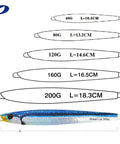 Heavy Duty Premium Slow Fall Pitching Jigs For Saltwater Fishing Tough 9T Lead Alloy Sinkers Paired With Razor Sharp Mustad Stinger Hook Killer Offshore Jigging Bait 120 Grams size chart showing different jig weights and lengths.