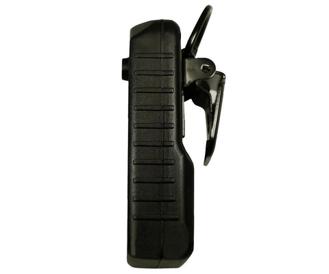 Side view of black Sensorcon industrial CO monitor with belt clip; rugged waterproof housing