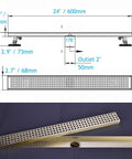 Diagram and photo of 24 Inch Linear Shower Drain With Removable Cover Grid And Hair Catcher Brushed Gold Stainless Steel Trench Floor Drain With Adjustable Leveling Feet Easy To Clean Low Maintenance Perfect For Modern Bathrooms