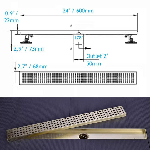 Diagram and photo of 24 Inch Linear Shower Drain With Removable Cover Grid And Hair Catcher Brushed Gold Stainless Steel Trench Floor Drain With Adjustable Leveling Feet Easy To Clean Low Maintenance Perfect For Modern Bathrooms