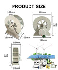 Outdoor Micro Hydro Generator 50W 100W showing dimensions and low speed water wheel with quiet belt drive, eco-friendly power system.
