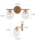 Front and side view of Two Light Gold Vanity Lighting Fixture With Globe Seeded Glass Shades For Bathroom, 14" L x 6.5" W.