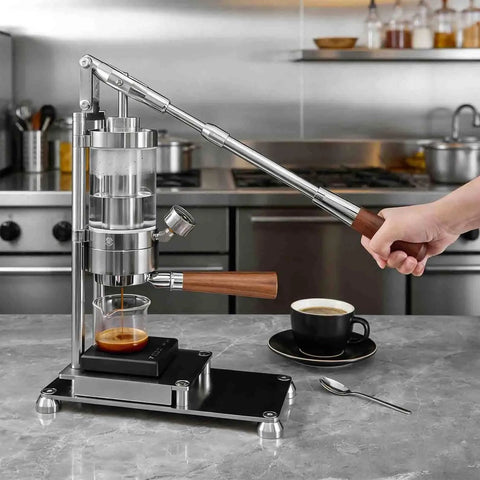 Top Shelf Manual Espresso Machine With 58mm Standard Filter Basket And Adjustable Pressure Gauge crafted from stainless steel, brewing espresso at home.