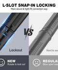 Ground Level Gutter Cleaning Tool Attachments For 2.5 Inch Shop Vac No Ladder Needed showing L-slot snap-in locking design comparison.