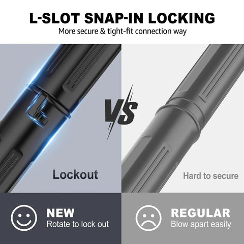 Ground Level Gutter Cleaning Tool Attachments For 2.5 Inch Shop Vac No Ladder Needed showing L-slot snap-in locking design comparison.