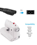 Sewing machine power cord, 10 ft, black with two-pin female end; compatible with major brands.
