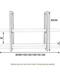 Diagram of a ceiling mounted hanging wine glass rack in black with wooden shelf, dimensions show multiple size options.