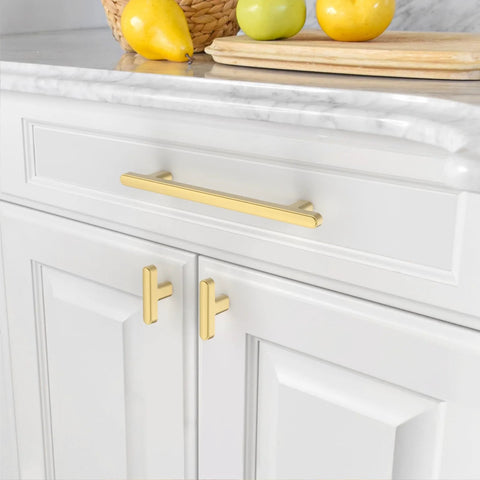 Gold Cabinet Pulls 5 Inch Center To Center 6.4 Inch Overall Length Brushed Gold Drawer Hardware installed on white cabinets