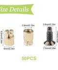 Cabinet Hinge Dowel Set With 50 Expansion Pins And Screws, Carbon Steel, Rust Resistant, Preinserted Pins For Quick And Easy Cabinet Door Mounts, DIY Friendly Gold Finish Fasteners For Strong Secure Installation. Size details for 6mm x 8.6mm dowel and 11mm screw