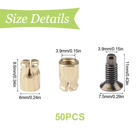 Cabinet Hinge Dowel Set With 50 Expansion Pins And Screws, Carbon Steel, Rust Resistant, Preinserted Pins For Quick And Easy Cabinet Door Mounts, DIY Friendly Gold Finish Fasteners For Strong Secure Installation. Size details for 6mm x 8.6mm dowel and 11mm screw
