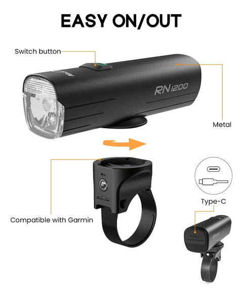 All In One 1200 Lumen Bike Light With CREE LED, IPX7 Waterproof, 4000mAh Type C Battery And Reverse Charging, Beast Mode Bright Headlight For Mountain, Road And City Bikes