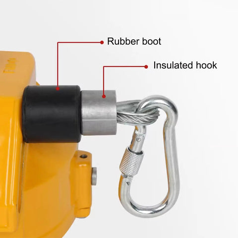 Close-up of Spring Balancer Tool Hoist Stand with insulated hook and rubber boot for stability and safety.