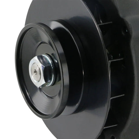 Close-up of black pulley on Penta Alternator Replacement For 2.5L To 9.4L Marine Engines, Plug And Play Boat Electrical Part.